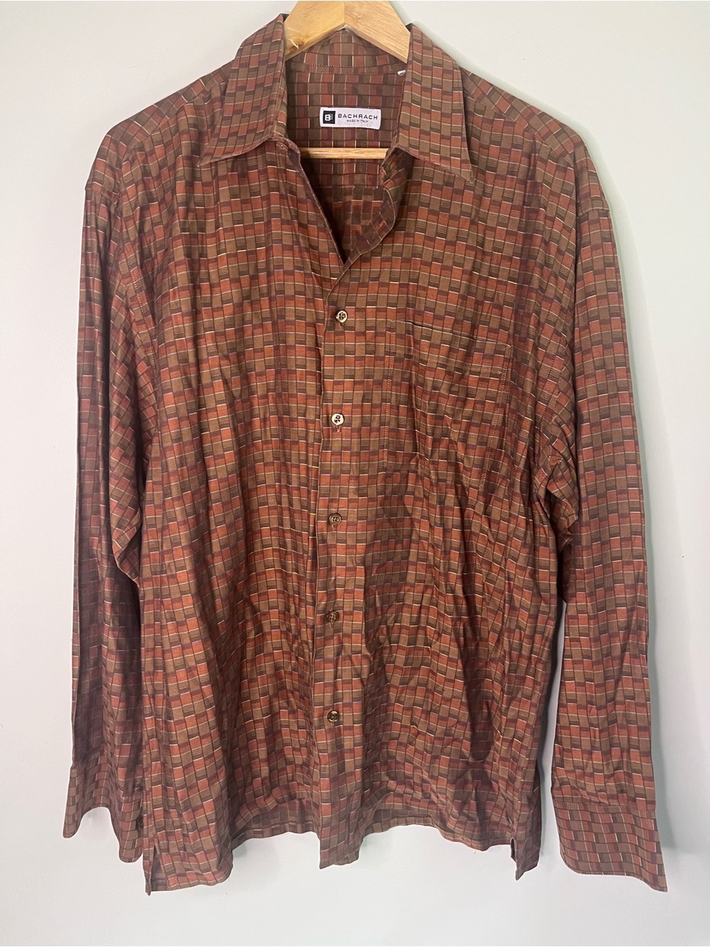 Bachrach Rust Plaid Button-Up Shirt - 100% cotton, made in Italy